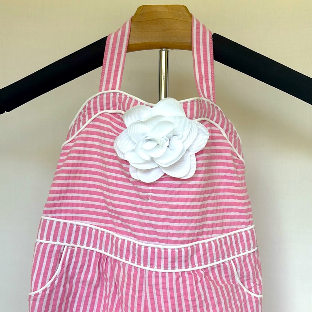 JANIE & JACK | Dolce Pink and White Stripe Seersucker Romper - Picture 4 of 15